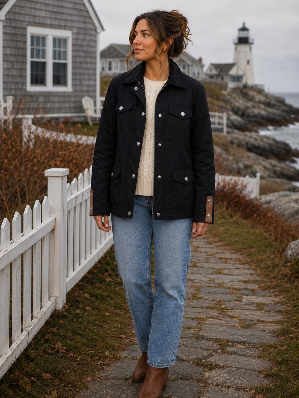 Ralph Lauren Black Utility Jacket with Tan Trim - Women Size Small